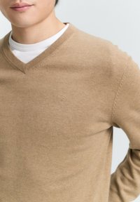 Pulover bej cu decolteu în formă de V, realizat dintr-un material moale, având guler ondulat și un detaliu discret al logo-ului pe piept. Textură netedă și design ajustat.