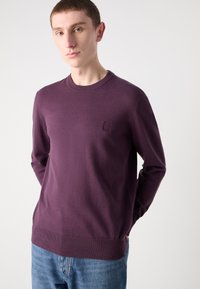 Maglione viola a maglia con scollatura rotonda e polsini a costine, che presenta una discreta toppa quadrata con logo sul petto. Indossato con jeans blu.