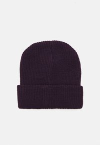 Purple knitted beanie hat with a ribbed texture and a folded cuff at the bottom. The top is rounded with no visible patterns or accents.