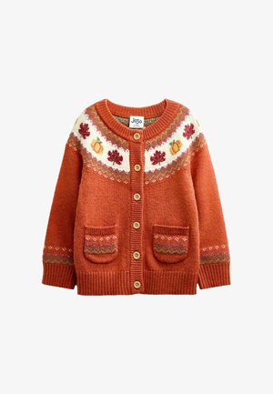 Rdzawo-pomarańczowy sweter rozpinany na guziki z drewnianymi guzikami, dwie przednie kieszenie oraz wzory z jesiennych liści i dyni na karczku i mankietach.