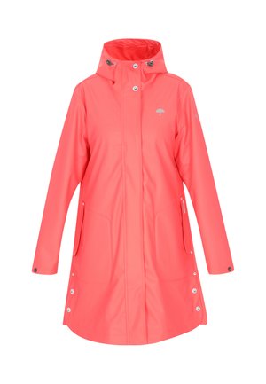 Korálová neprůsvitná bunda do deště s vysokým límcem, kapucí, patentkami, dvěma bočními kapsami a logem deštníku na hrudi.