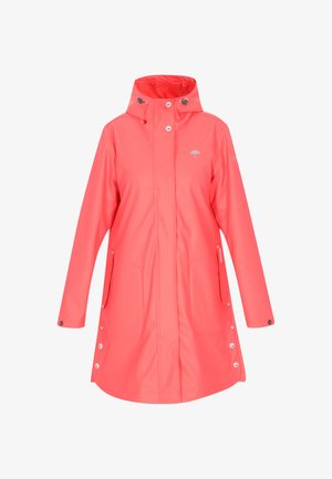 Korall színű vízálló esőkabát magas gallérral, kapucnival, patent gombokkal, két oldalsó zsebbel és ernyő logóval a mellkasán.