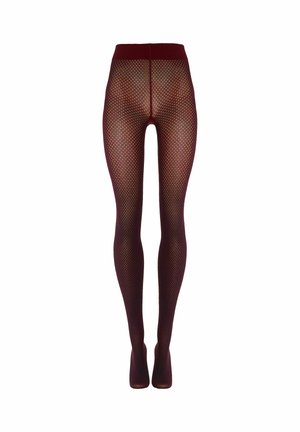 Burgunderfarbene gemusterte transparente Strumpfhosen mit diamantförmigem Netzdesign und festem Bund, von hinten auf transparentem Hintergrund gezeigt.