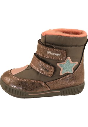 Brun stof-ankelstøvle med to velcro-stropper, pink detaljer og en glitrende turkis stjerne. Blødt foer og tekstureret sål.