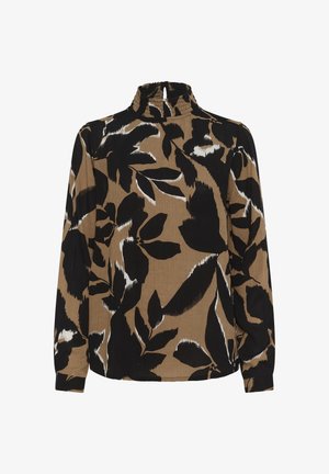 Long-sleeve brown blouse with black and white abstract leaf pattern and high gathered neckline with keyhole opening at the back.