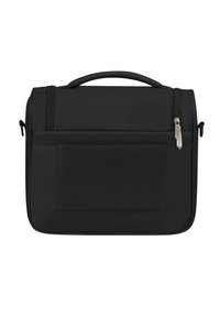 Borsa a tracolla nera con superficie texturizzata, manico superiore, chiusura a zip e tasca frontale. Progettata per offrire una soluzione funzionale per lo stoccaggio e l'organizzazione.