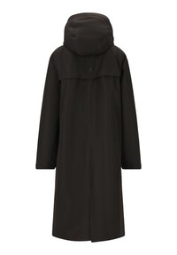 Black waterproof coat with a detachable hood, long sleeves, a straight cut, and a mid-thigh length. Features a back vent for ventilation.