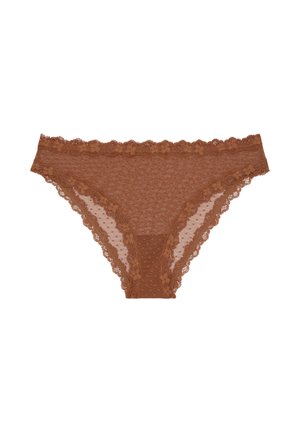 String brun en dentelle présentant un motif floral, des bords festonnés et une texture semi-transparente avec une coupe classique.