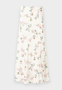 Lett, kremfarget skjørt med blomstermønster som har rosa blomster og grønne blader. Mykt stoff med en lett teksturert overflate.