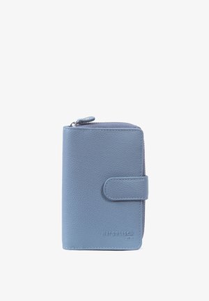 Blue leather wallet with textured surface, zippered closure, and a snap-button flap. Features embossed logo on the front.