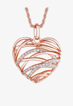 Rose-guld hjertevedhæng med sammenflettet design og klare krystalaccenter, der har en struktureret overflade og en løkke til ophængning.