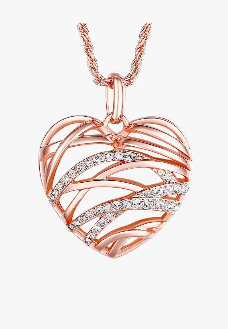 Rose-guld hjertevedhæng med sammenflettet design og klare krystalaccenter, der har en struktureret overflade og en løkke til ophængning.
