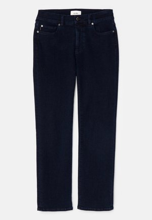 Tmavomodré džínsy s rovnými nohavicami, ktoré majú dve predné vrecká, vrecko na drobné a zapínanie na gombík.