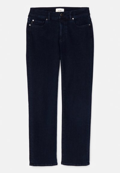 Dark blue denim jeans with a straight-leg cut, featuring two front pockets, a coin pocket, and a button closure.