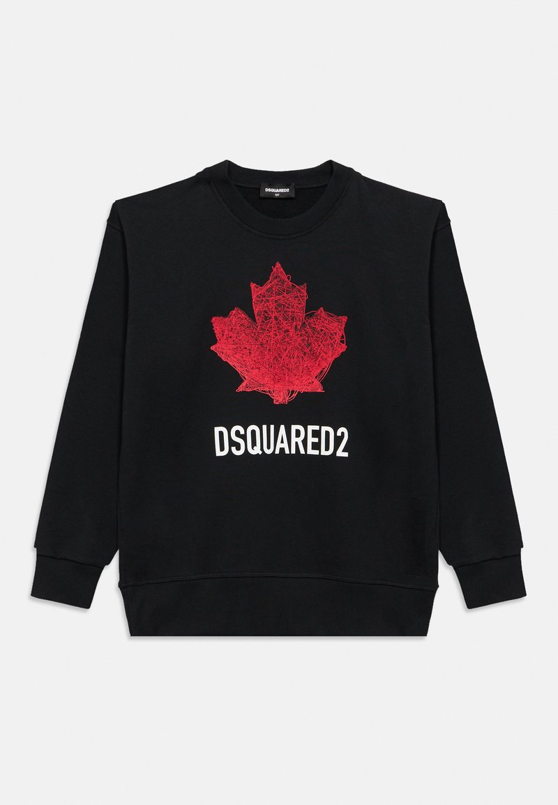 Fekete pulóver piros juharlevél grafikával és fehér "DSQUARED2" felirattal. Pamutból készült, bordázott mandzsettákkal és kerek nyakkivágással.