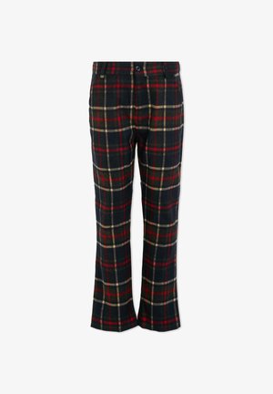 Pantaloni scuri a quadri con strisce rosse, beige e blu navy, chiusura frontale con bottoni e passanti per cintura, vestibilità a gamba dritta.