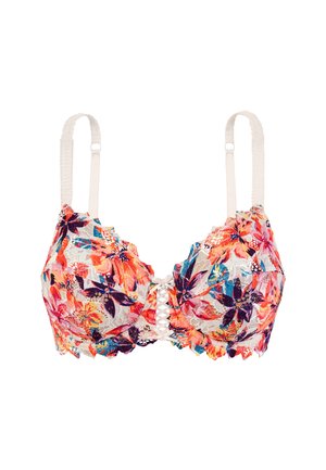 Soutien-gorge en dentelle florale avec des fleurs roses, orange, violettes et bleues, bretelles blanches ajustables et détail en dentelle croisée au centre devant.