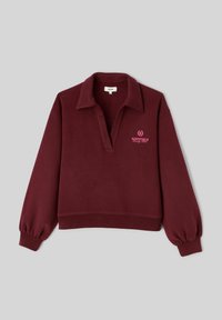 Sweat-shirt bordeaux avec un col à revers, des manches longues bouffantes et un logo brodé "SUNNYDALE" en rose. Tissu doux et texturé.