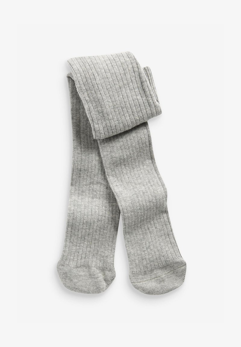 Collants gris côtelés en tissu doux, présentant une texture lisse et un design en tricot avec des orteils renforcés et un haut replié.