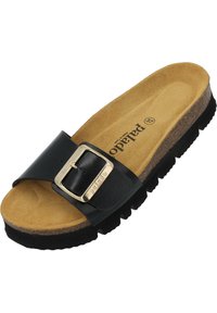 Schwarze Rutschsandalette mit einem breiten Riemen, der eine goldene Schnalle trägt, Korkfußbett und strukturiertem schwarzen Gummisohle.