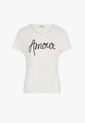 T-shirt bianco in cotone con maniche corte e scollo rotondo, con la scritta "Amour" ricamata in corsivo nero sulla parte anteriore.