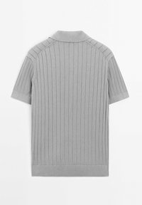 Gray short-sleeved polo shirt with vertical ribbed texture, flat collar, and clean cuffs. Seam detailing visible on shoulders.