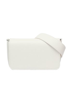 Weißes Leder-Crossbody-Tasche mit rechteckiger Form, glatter Textur und einem dünnen verstellbaren Tragegurt. Minimalistisches Design mit abgerundeten Ecken.