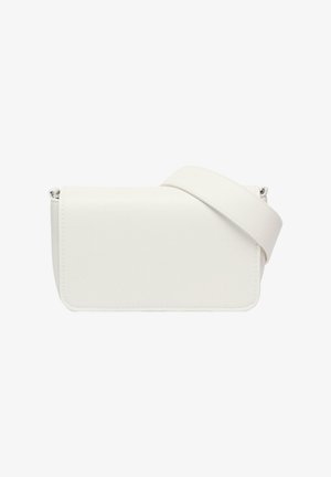 Weißes Leder-Crossbody-Tasche mit rechteckiger Form, glatter Textur und einem dünnen verstellbaren Tragegurt. Minimalistisches Design mit abgerundeten Ecken.