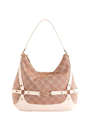 Borsa a tracolla beige con tessuto decorato, rifiniture in pelle, fibbia e borchie color oro, e una singola tracolla per il trasporto.