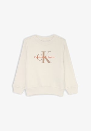 Felpa leggera color beige con colletto girocollo realizzata in cotone, caratterizzata da un grande logo "CK" e testo "Calvin Klein Jeans" in tonalità contrastanti sul davanti.