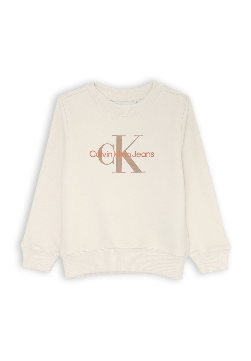 Felpa leggera color beige con colletto girocollo realizzata in cotone, caratterizzata da un grande logo "CK" e testo "Calvin Klein Jeans" in tonalità contrastanti sul davanti.