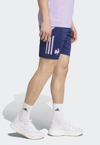 Pantalones cortos deportivos de color marinero con rayas rosas y logo de gallo. Llevados con calcetines blancos y zapatillas que presentan acentos de tres rayas. Textura de tela suave.