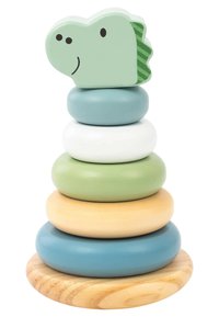 Wooden stacking toy with five colorful rings (blue, white, green, yellow) and a green dinosaur head topper featuring a friendly expression.