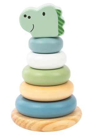 Wooden stacking toy with five colorful rings (blue, white, green, yellow) and a green dinosaur head topper featuring a friendly expression.