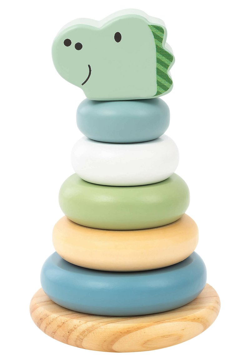 Wooden stacking toy with five colorful rings (blue, white, green, yellow) and a green dinosaur head topper featuring a friendly expression.