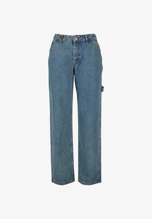 Heledad sinine denim püksid sirge lõikega disainiga, keskel asuva vöökohaga, ees olevate taskutega ja küljetasku detailiga. Tekstuur on sile ja õmblused on aktsentideks.