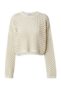 Pull crème tricoté à coupe ample et courte. Présente un motif en nid d'abeille et des manches longues. Texture légère idéale pour superposer.