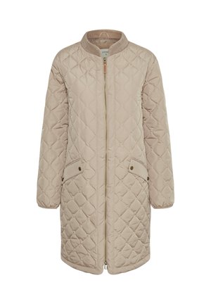 Helle beige gesteppte Jacke mit Stehkragen, langen Ärmeln und zwei vorderen Taschen. Verfügt über einen Reißverschluss vorne und ein dezentes Nahtmuster.