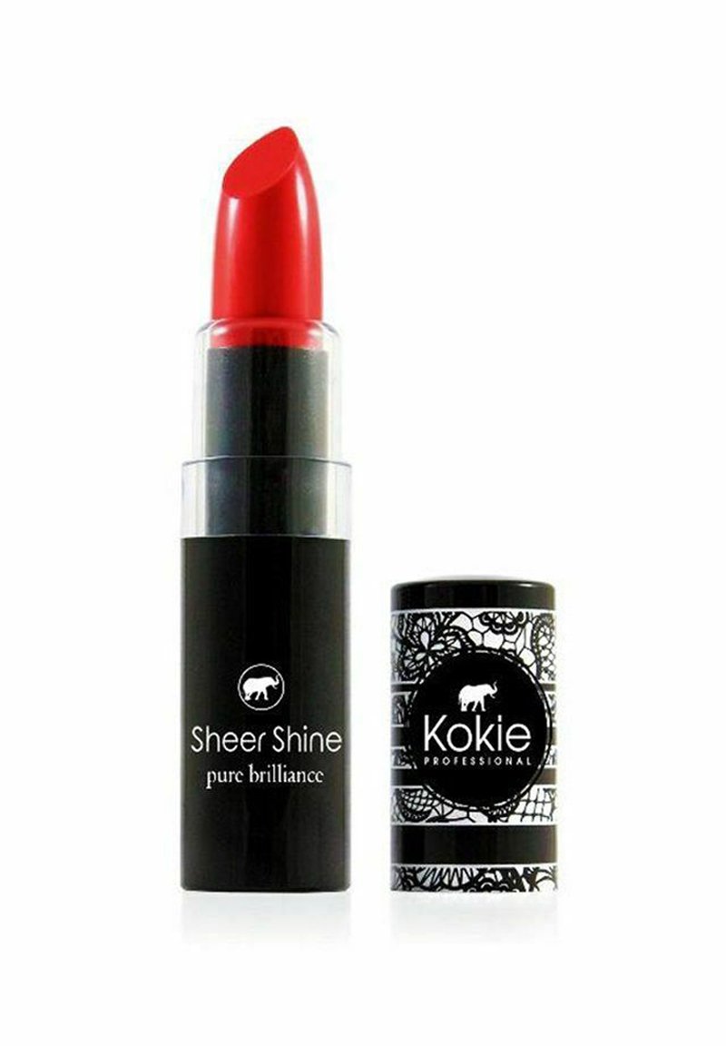 Rød læbestift i et klart rør med en sort base mærket "Sheer Shine pure brilliance." Følger med en dekorativ sort-hvid cylindrisk etui.