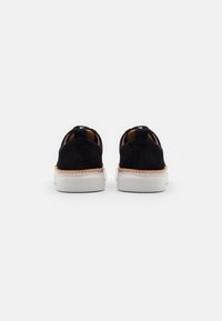 Un paio di sneaker nere in suede con suole spesse in gomma bianca, viste da dietro su uno sfondo chiaro e semplice.