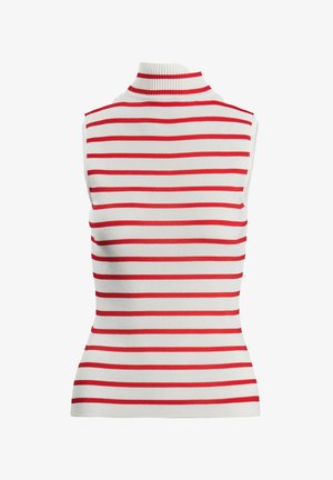 Bez piedurknēm, mīkstā audumā izstrādāts džemperis ar augstu apkakli. Balta pamata krāsa ar sarkanām horizontālām svītrām. Pieguļošs dizains ar gludu tekstūru.