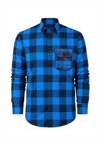 Camisa de cuadros azul y marino de manga larga con cierre de botones y un bolsillo en el pecho; la tela parece suave con una textura lisa.