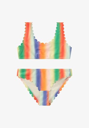 Set di bikini colorato con design a scollatura ondulata e righe orizzontali arancioni, verdi, blu e gialle. Tessuto liscio e leggero.