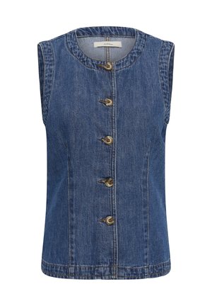 Vestă din denim albastru fără mâneci, cu decolteu rotund și cinci nasturi maro în față, cu detalii vizibile de cusături.