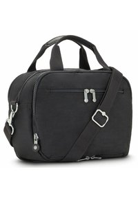 Black fabric bag with dual zippers, two top handles, adjustable shoulder strap, and a front zip pocket. Durable material with a smooth texture.