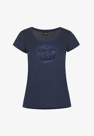 Navy blue short-sleeved t-shirt in cotton with a round neckline and a circular graphic print featuring mountains and trees.