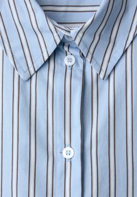 Chemise à manches longues bleu clair avec des rayures verticales marron et blanches, col classique et boutons blancs fermés sur le devant.