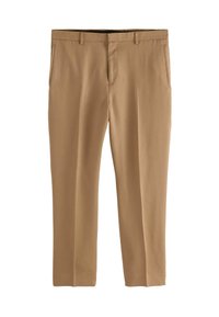 Pantalons kaki en tissu lisse avec une coupe droite. Comprend deux poches latérales et une fermeture à glissière. Aucun motif visible.