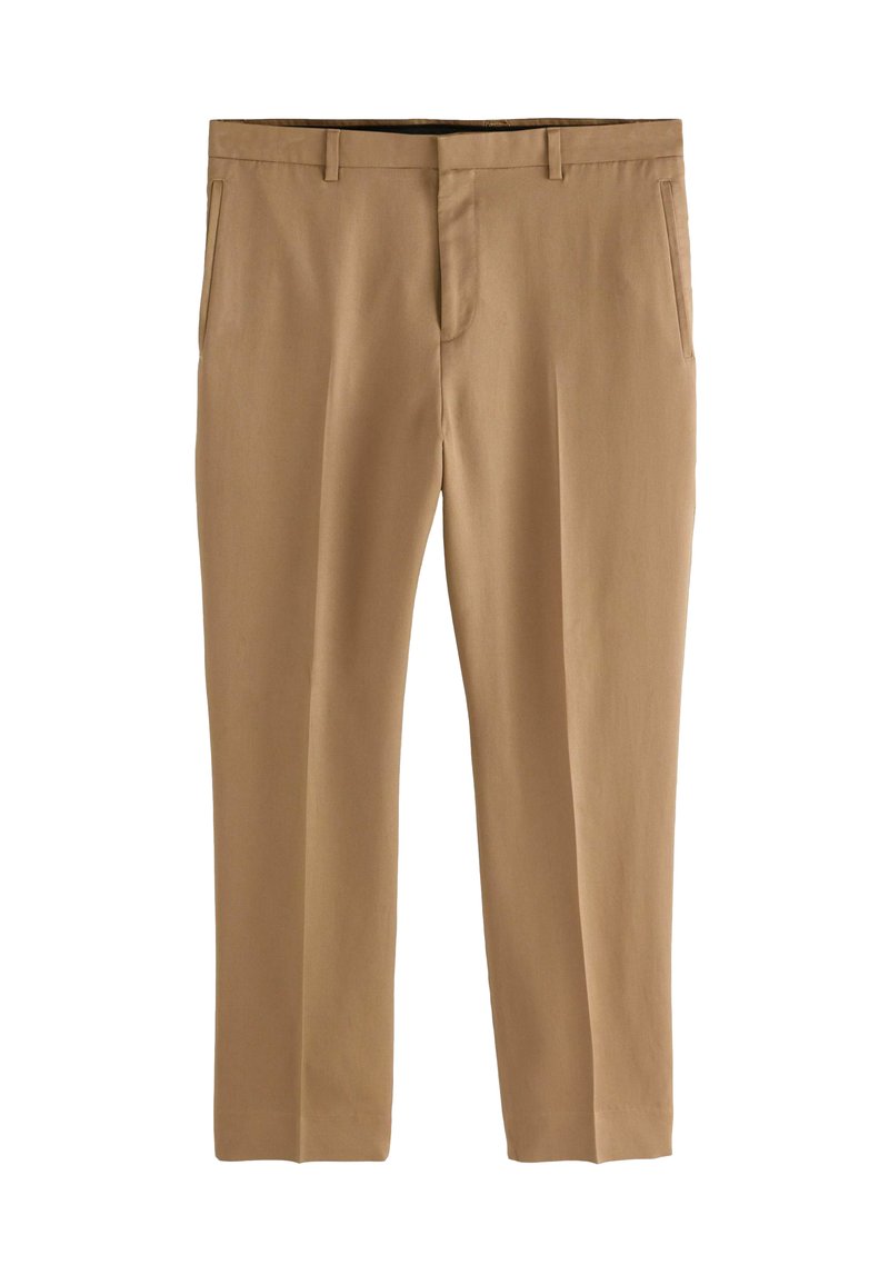 Pantalons kaki en tissu lisse avec une coupe droite. Comprend deux poches latérales et une fermeture à glissière. Aucun motif visible.