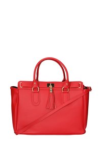 Rode lederen handtas met dubbele handgrepen, gouden hardware, een afneembare schouderriem en een kwastaccent. Gestructureerde vorm met een textuur oppervlak.